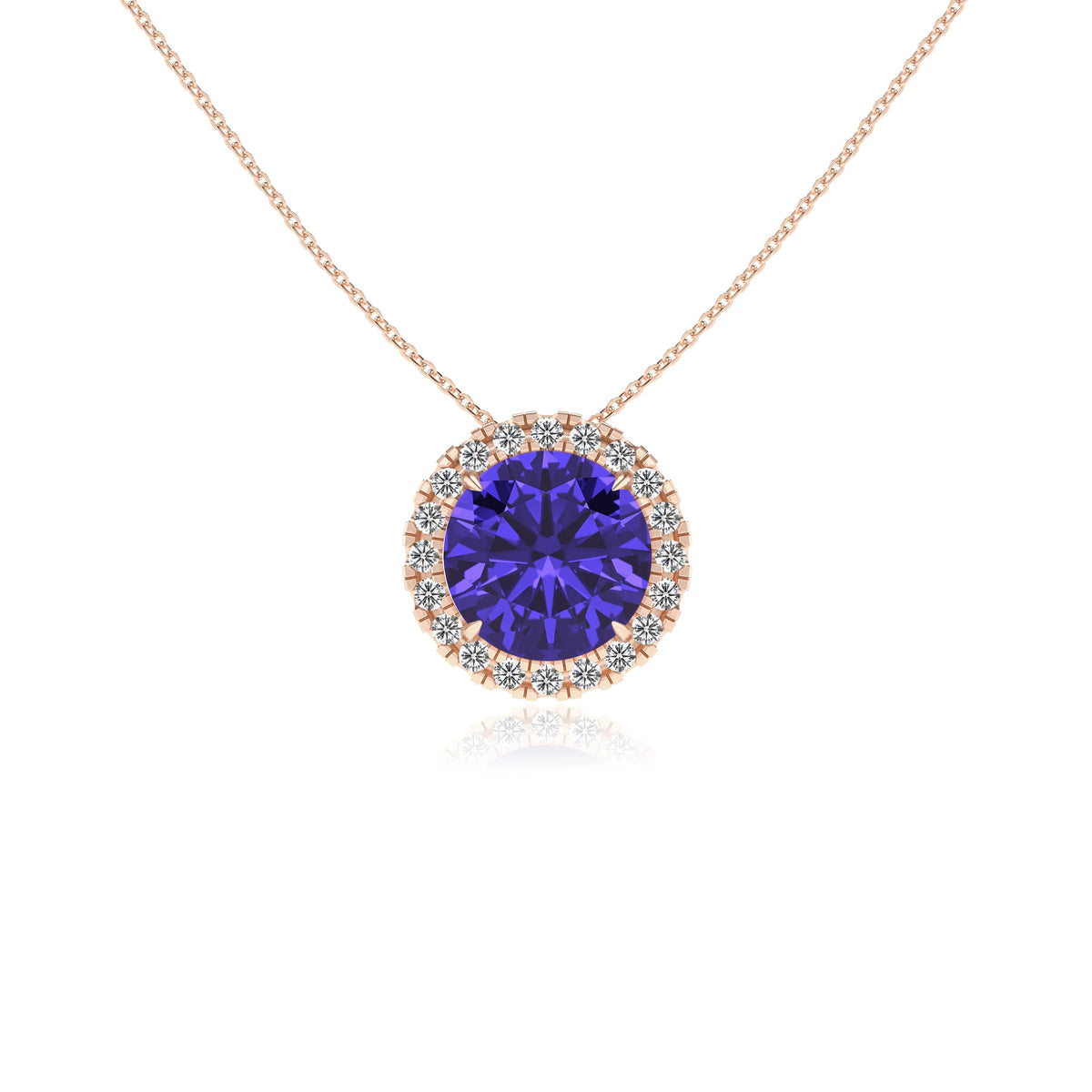 lab grown tanzanite round solitaire necklaces in rose gold 