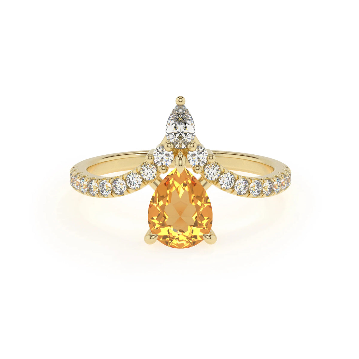 lab grown citrine pear solitaire rings in yellow gold 