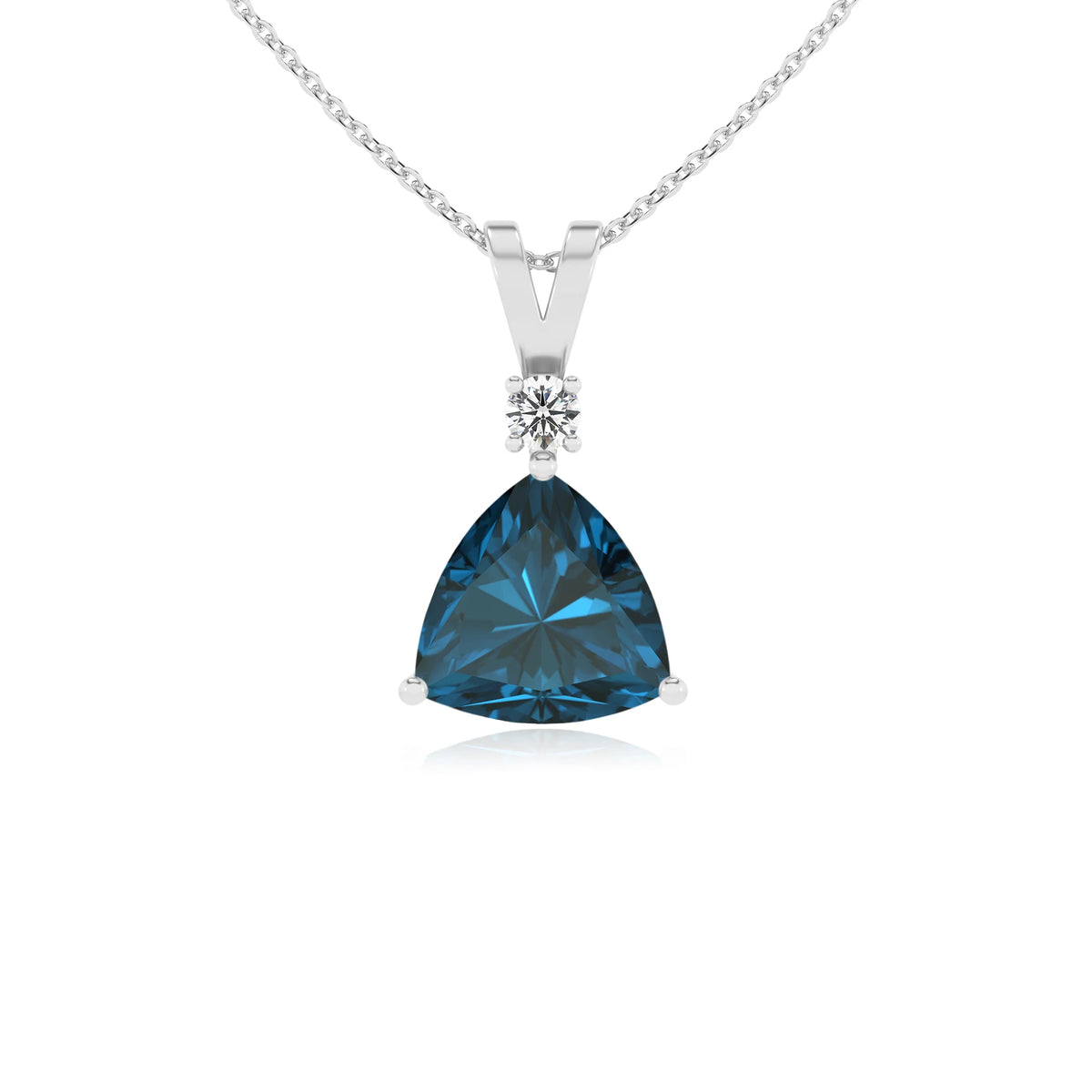 natural london-blue-topaz trillion solitaire v-bale necklaces in platinum 