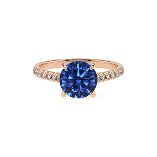 lab grown blue-sapphire round half eternity solitaire engagement rings in rose gold 