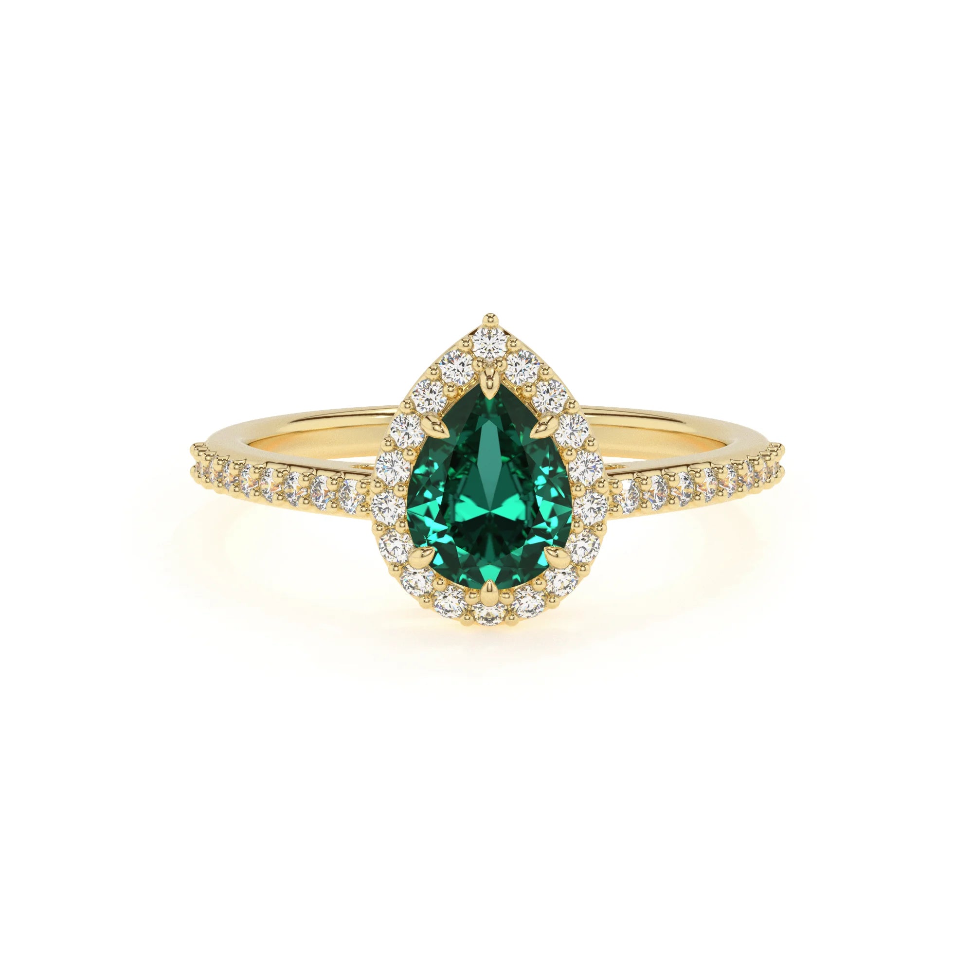 lab grown emerald pear solitaire rings in yellow gold 