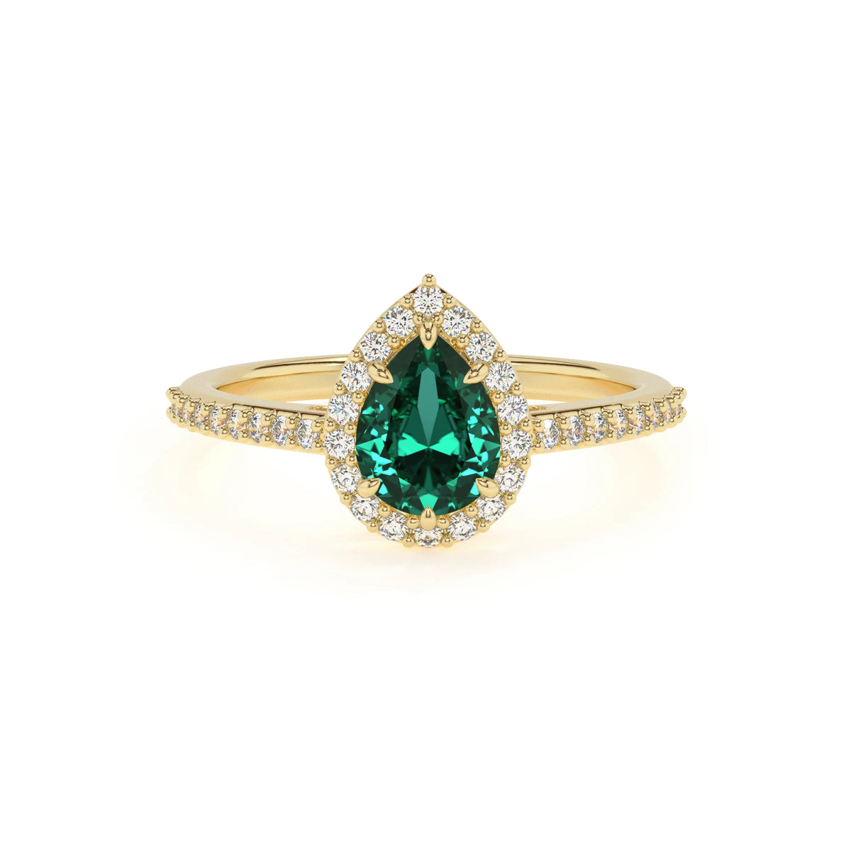 lab grown emerald pear solitaire rings in yellow gold 