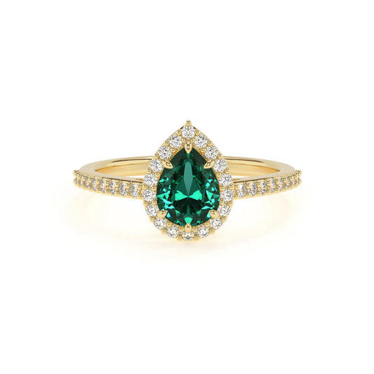 lab grown emerald pear solitaire rings in yellow gold 