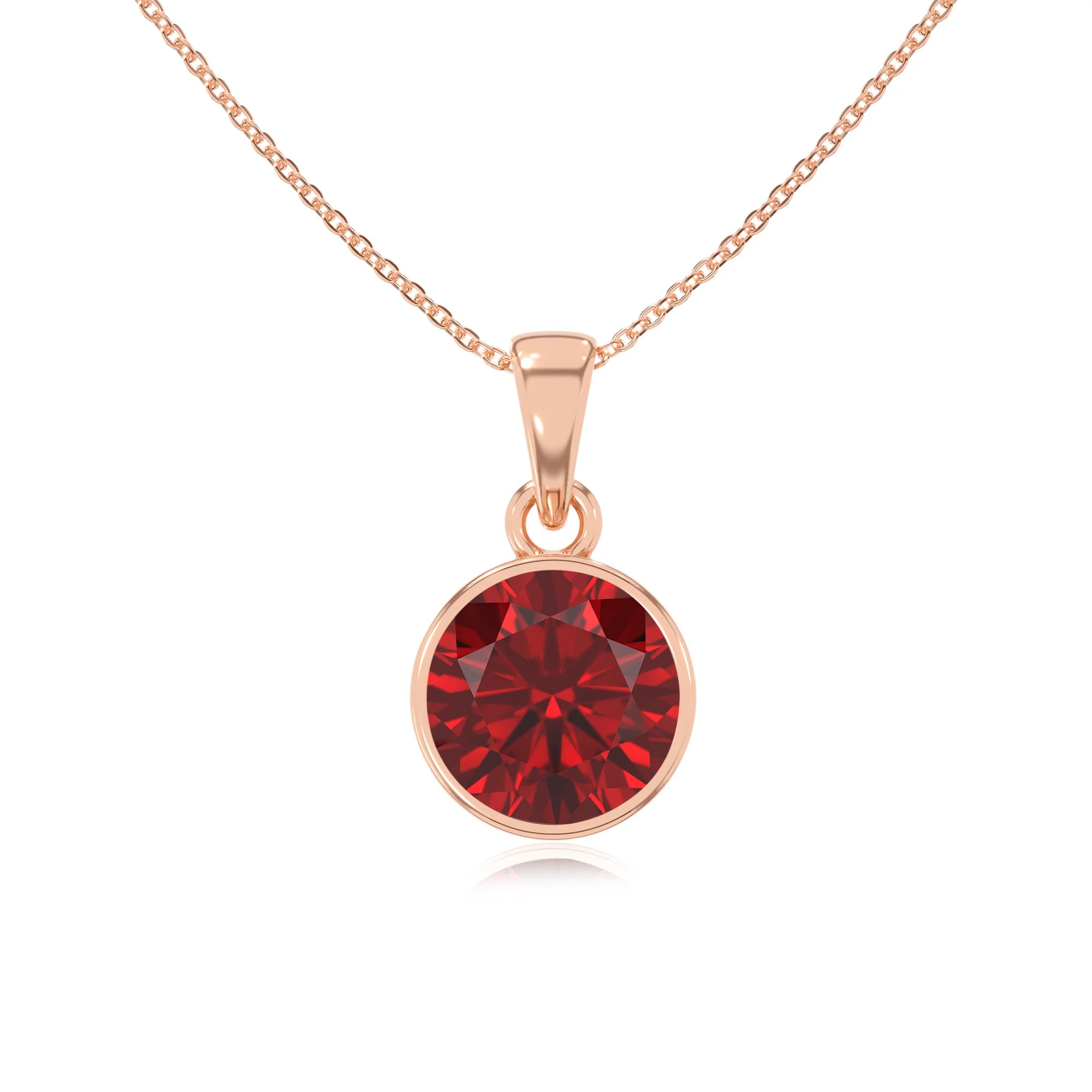 lab grown ruby round solitaire necklaces in rose gold 