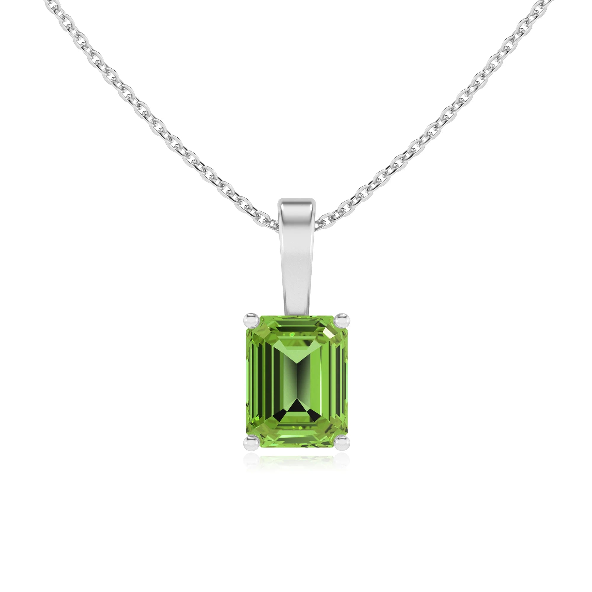 natural peridot emerald cut solitaire necklaces in white gold 