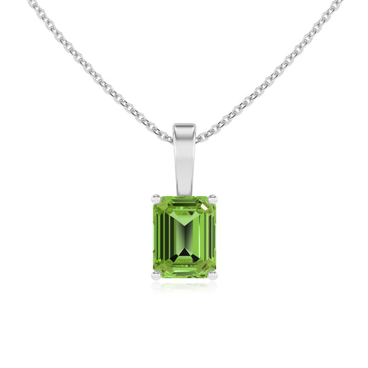 natural peridot emerald cut solitaire necklaces in white gold 