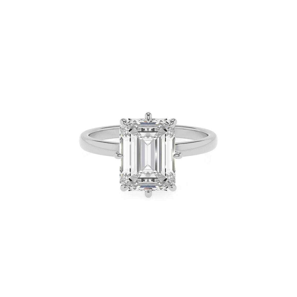 lab grown moissanite emerald cut solitaire rings in white gold 