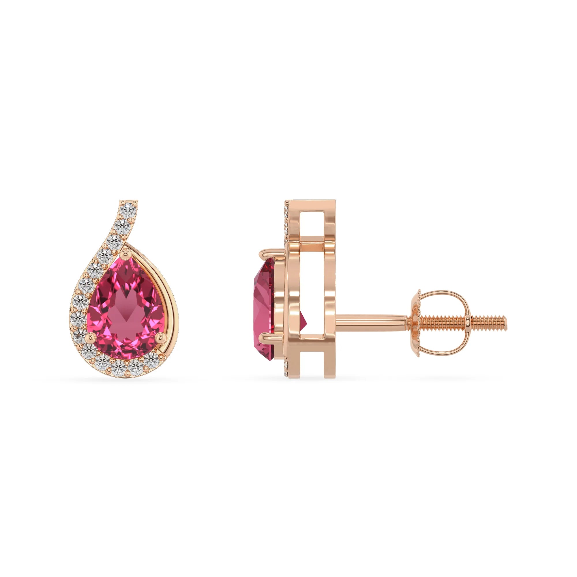 lab grown pink tourmaline pear stud earrings in rose gold 