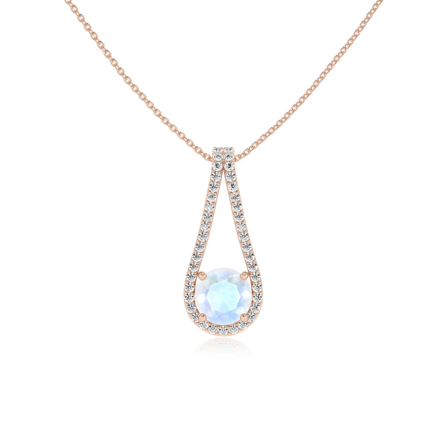 natural rainbow-moonstone round solitaire v-bale necklaces in rose gold 