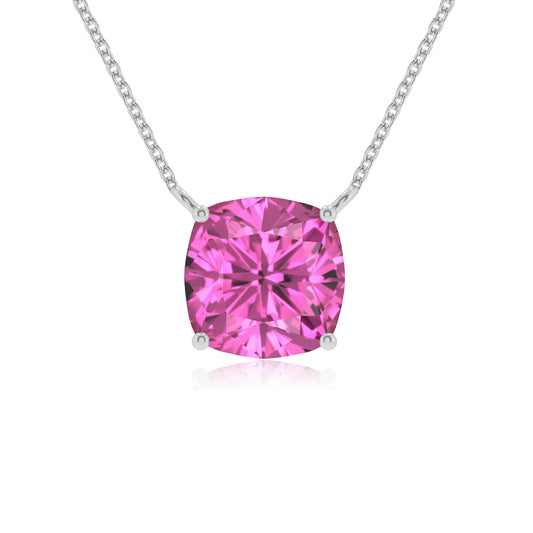 lab grown pink-sapphire cushion solitaire necklaces in platinum 