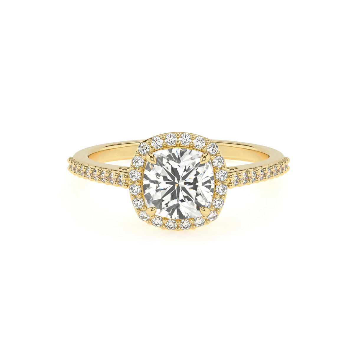 lab grown moissanite cushion solitaire rings in yellow gold 