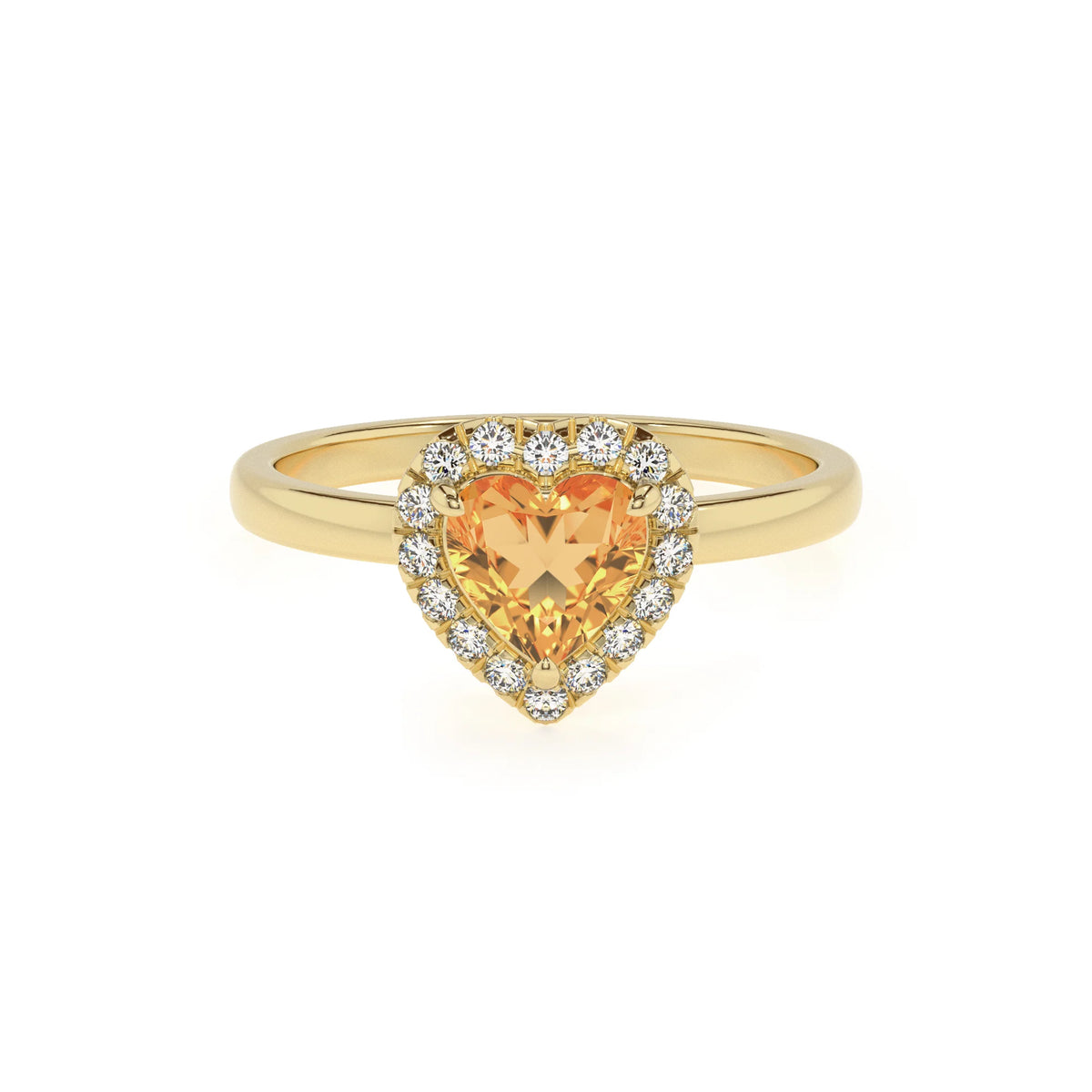 lab grown citrine heart solitaire rings in yellow gold 