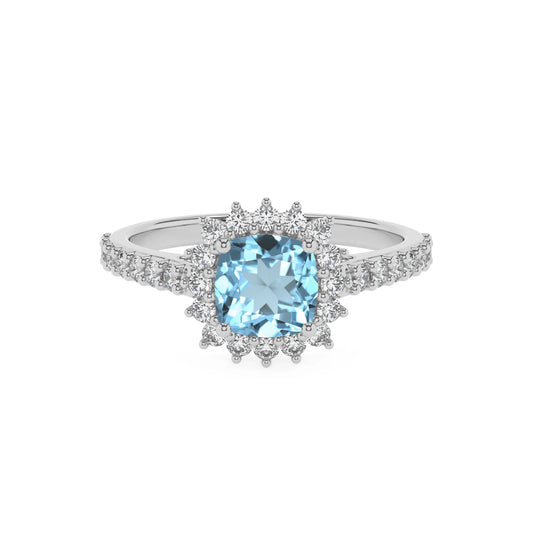 lab grown aquamarine cushion solitaire rings in white gold 