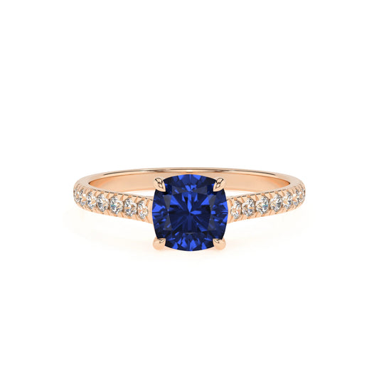 lab grown blue-sapphire cushion half eternity solitaire engagement rings in rose gold 