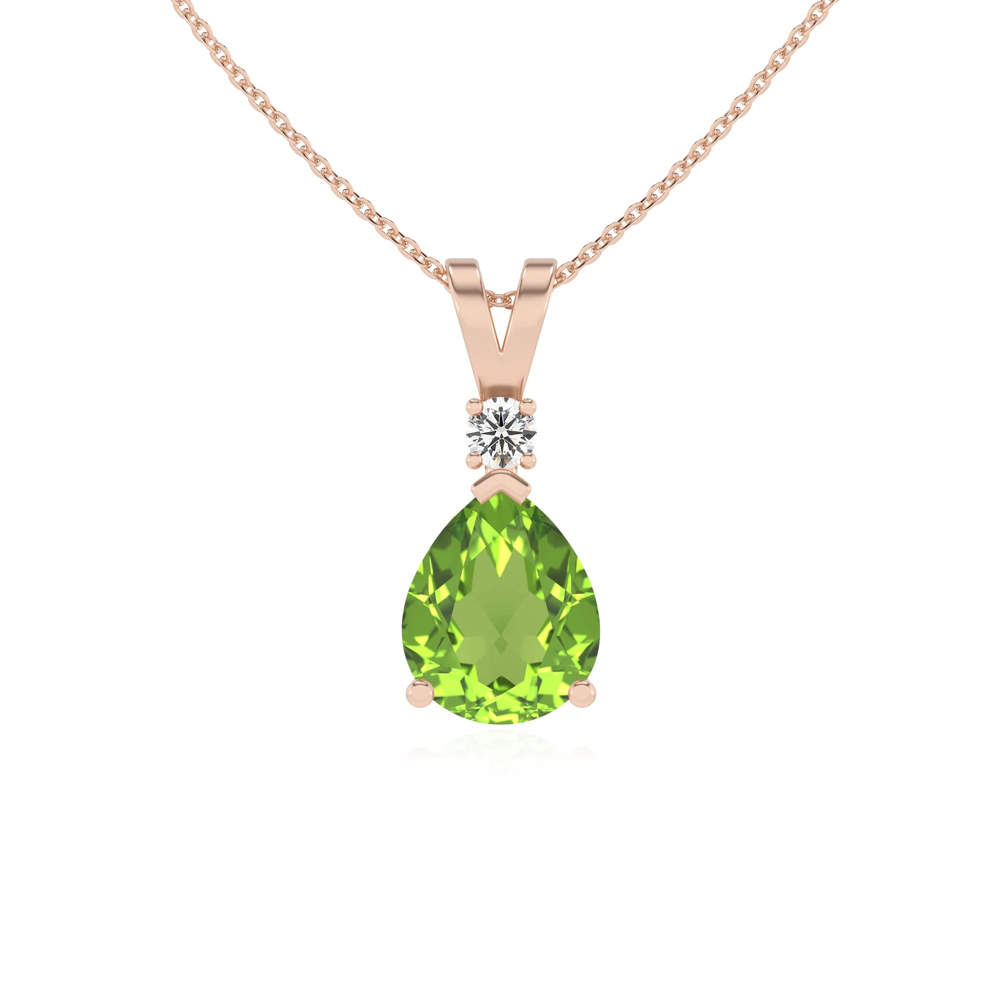 natural peridot pear solitaire v-bale necklaces in rose gold 