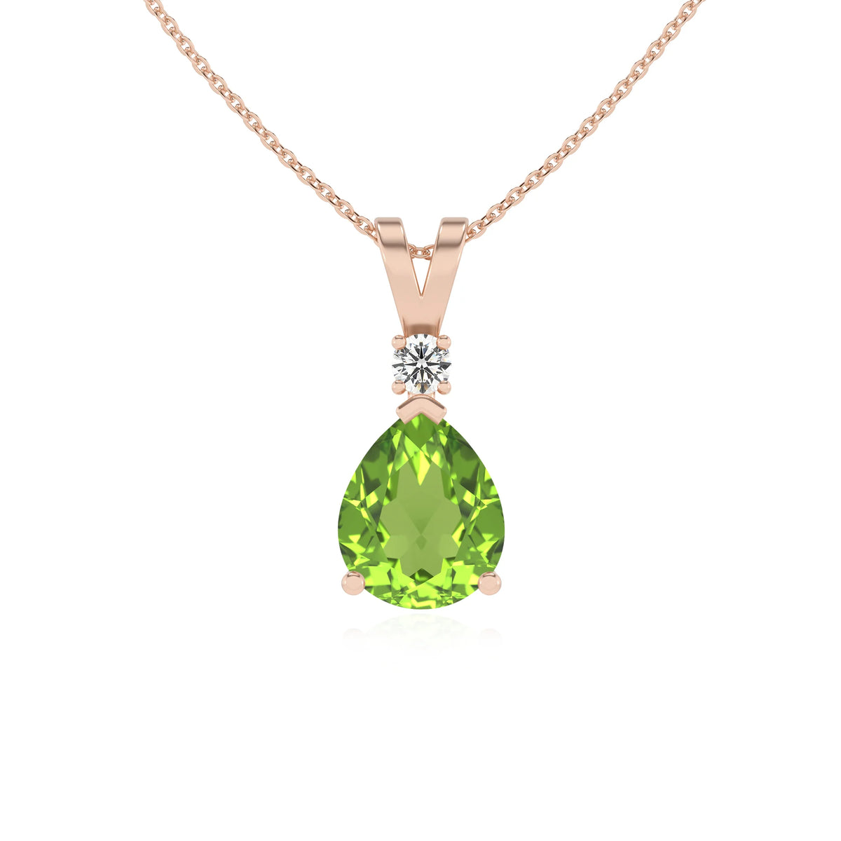 natural peridot pear solitaire v-bale necklaces in rose gold 