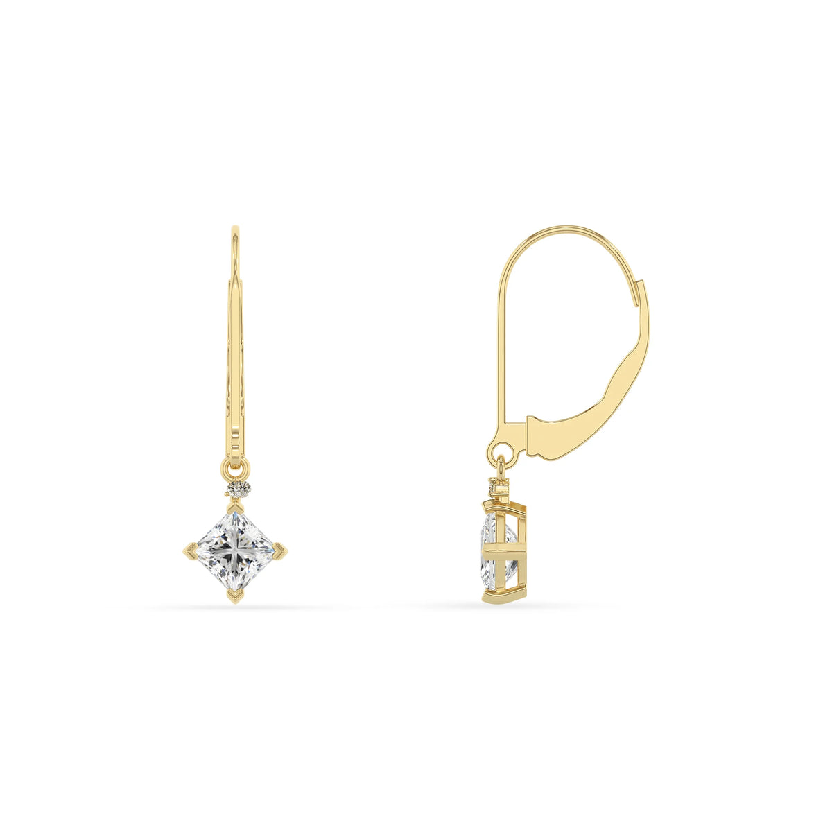 lab grown moissanite princess drop earrings in yellow gold 