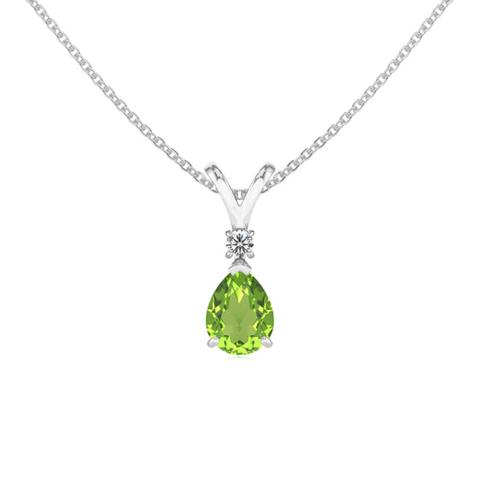 natural peridot pear solitaire v-bale necklaces in white gold 