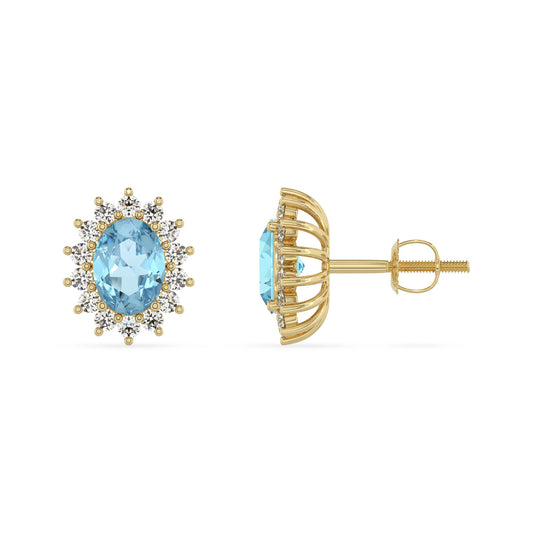 lab grown aquamarine oval stud earrings in yellow gold 