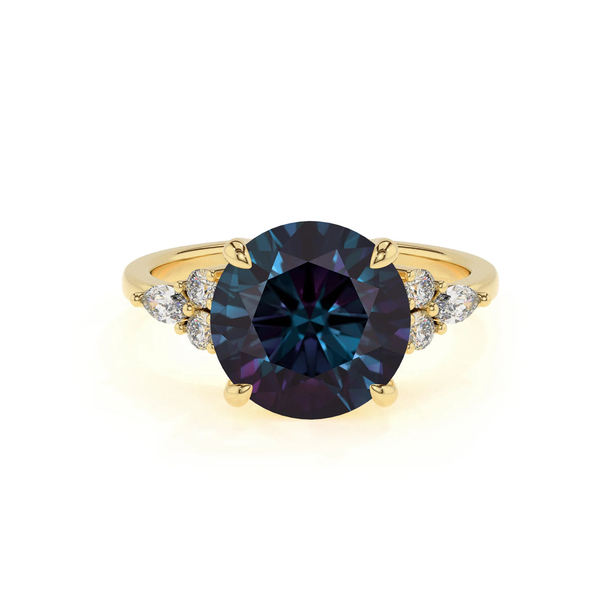 lab grown alexandrite round solitaire rings in yellow gold 