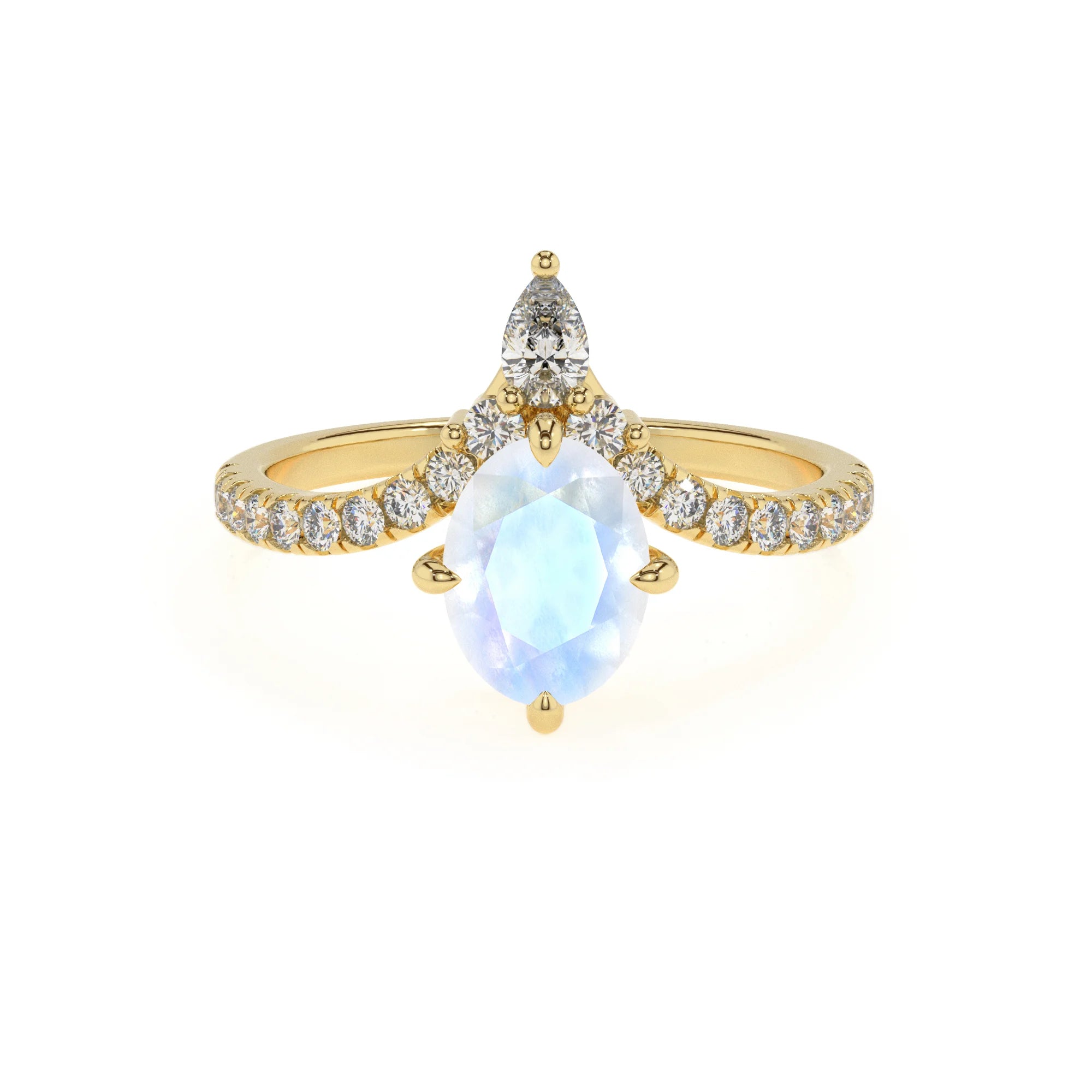 natural rainbow-moonstone oval solitaire rings in yellow gold 