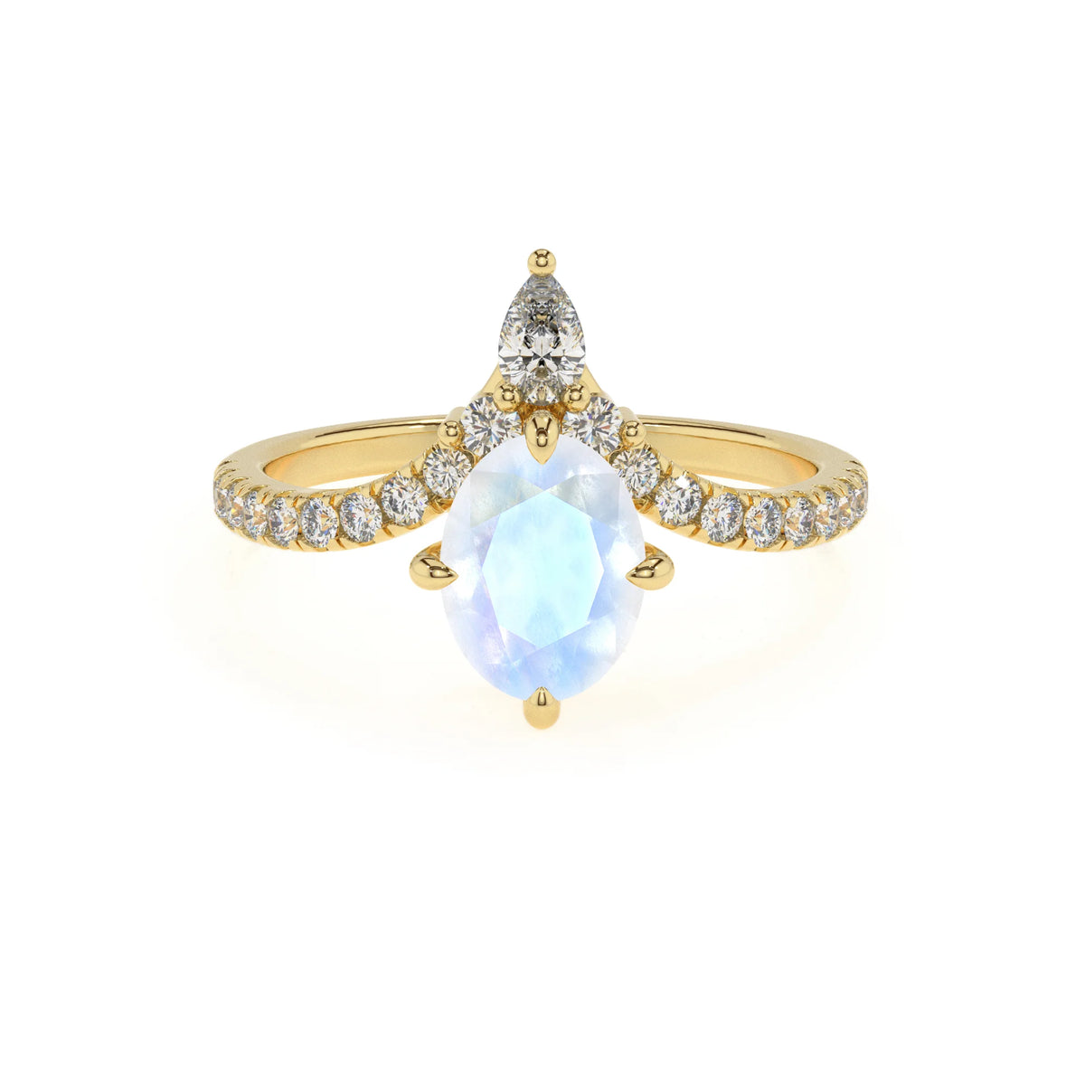 natural rainbow-moonstone oval solitaire rings in yellow gold 