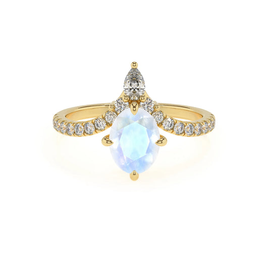 natural rainbow-moonstone oval solitaire rings in yellow gold 