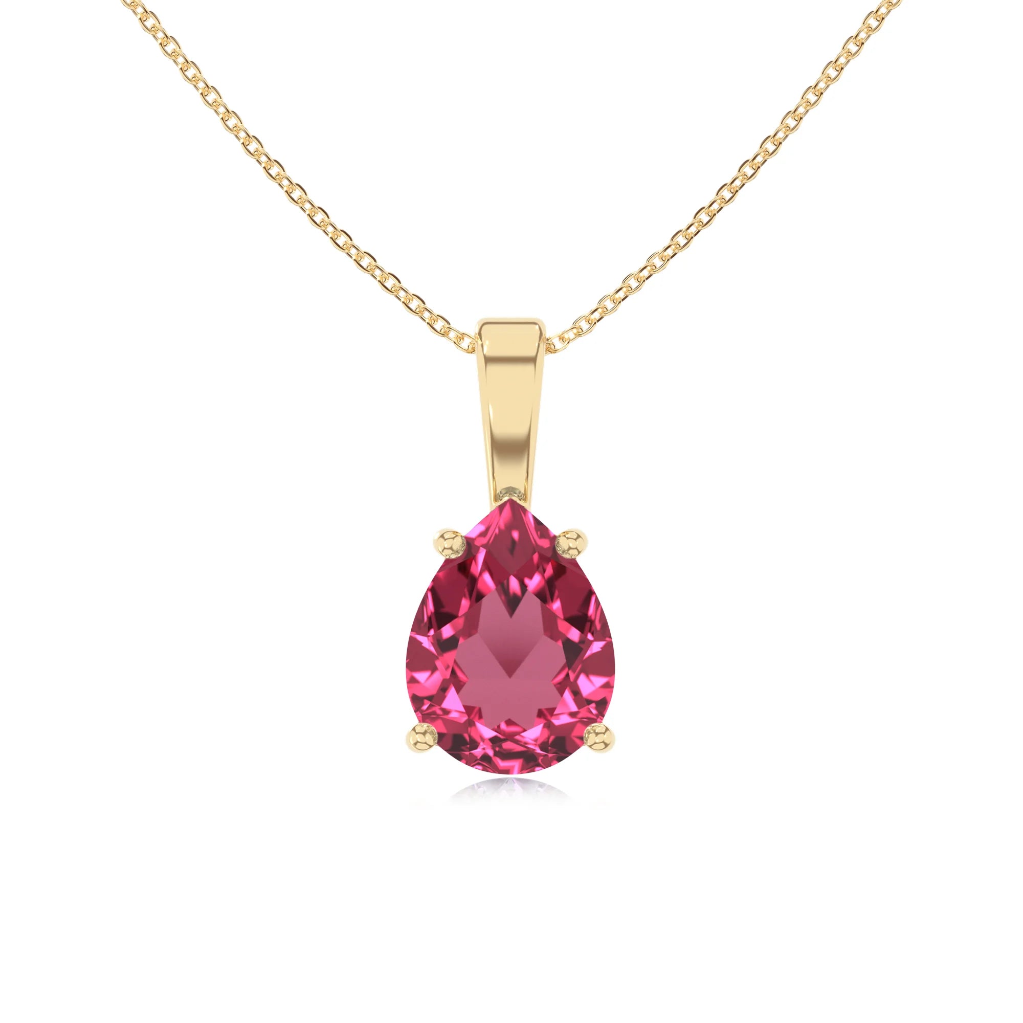 lab grown pink-tourmaline pear solitaire necklaces in yellow gold 