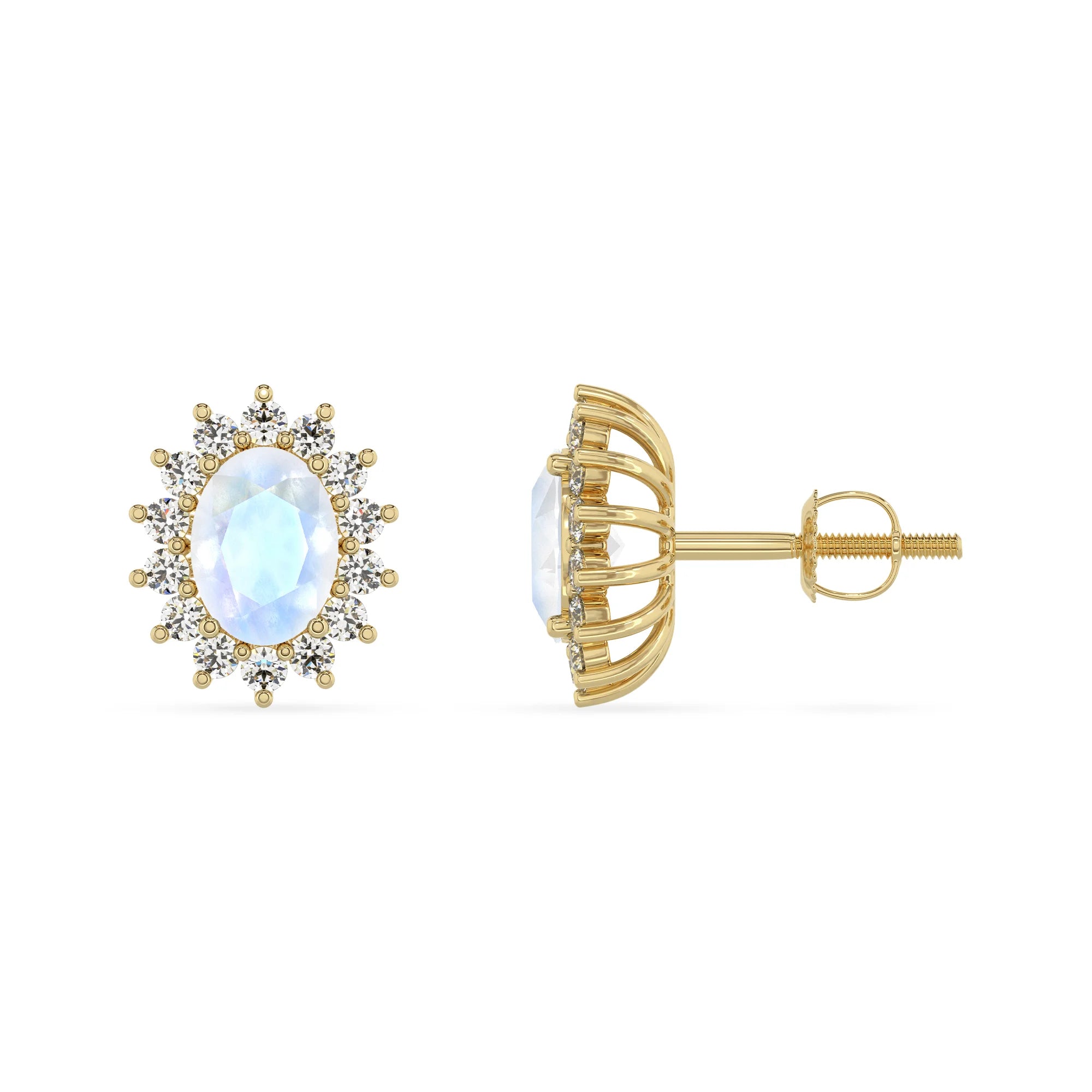 natural rainbow moonstone oval stud earrings in yellow gold 