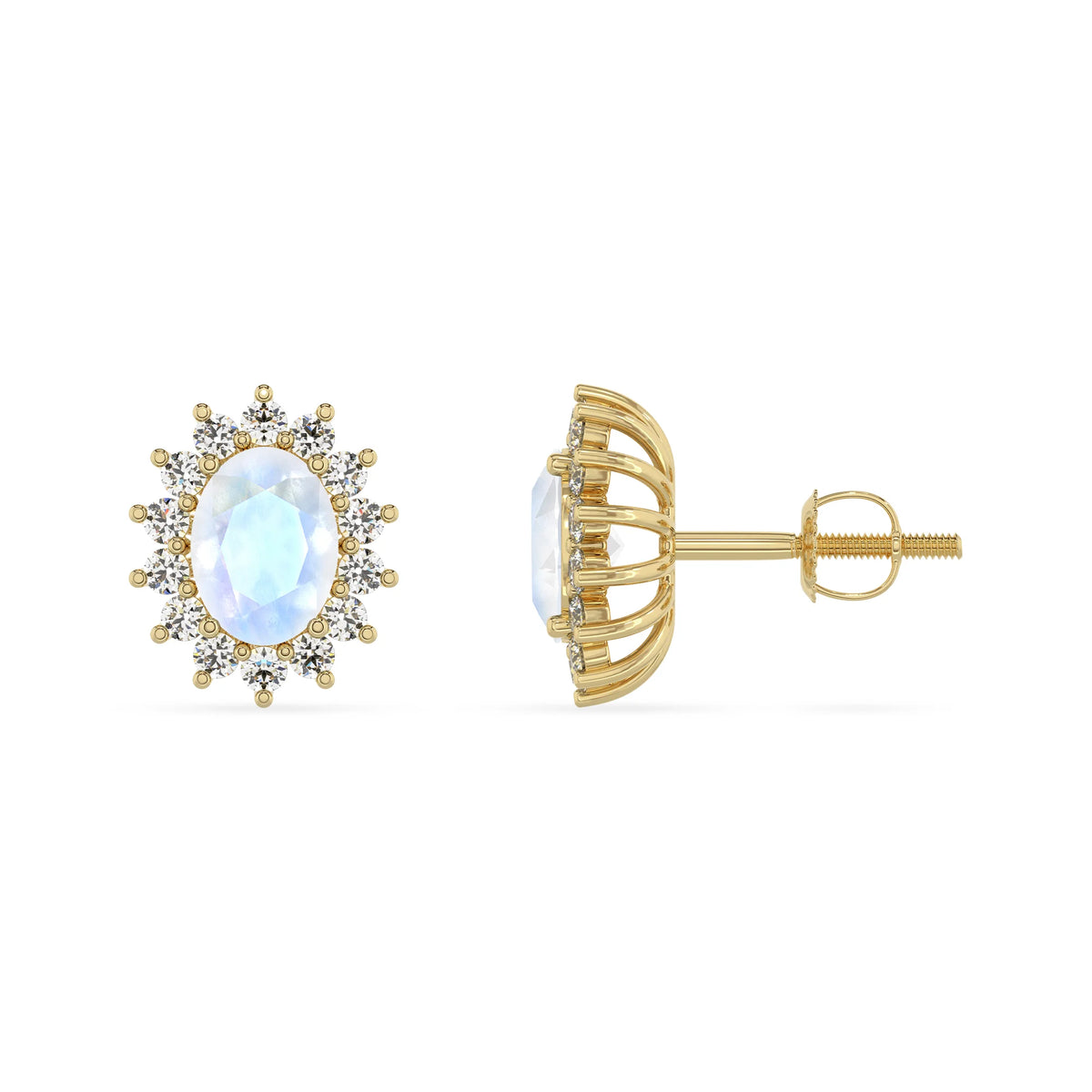 natural rainbow moonstone oval stud earrings in yellow gold 