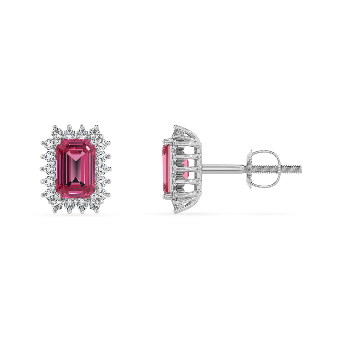 lab grown pink tourmaline emerald cut stud earrings in platinum 