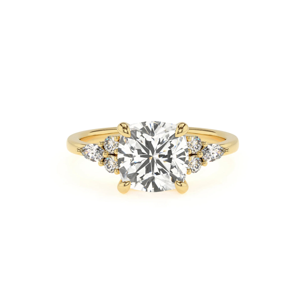 lab grown moissanite cushion solitaire rings in yellow gold 