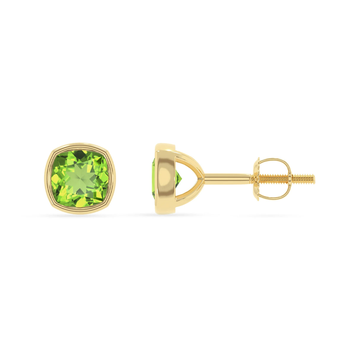 natural peridot cushion stud earrings in yellow gold 