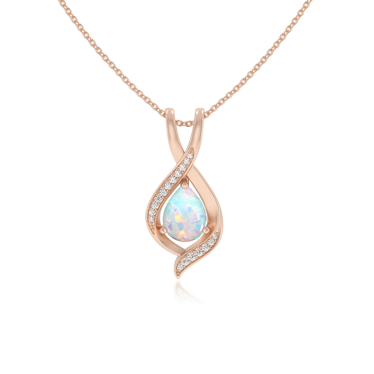 lab grown opal pear solitaire necklaces in rose gold 