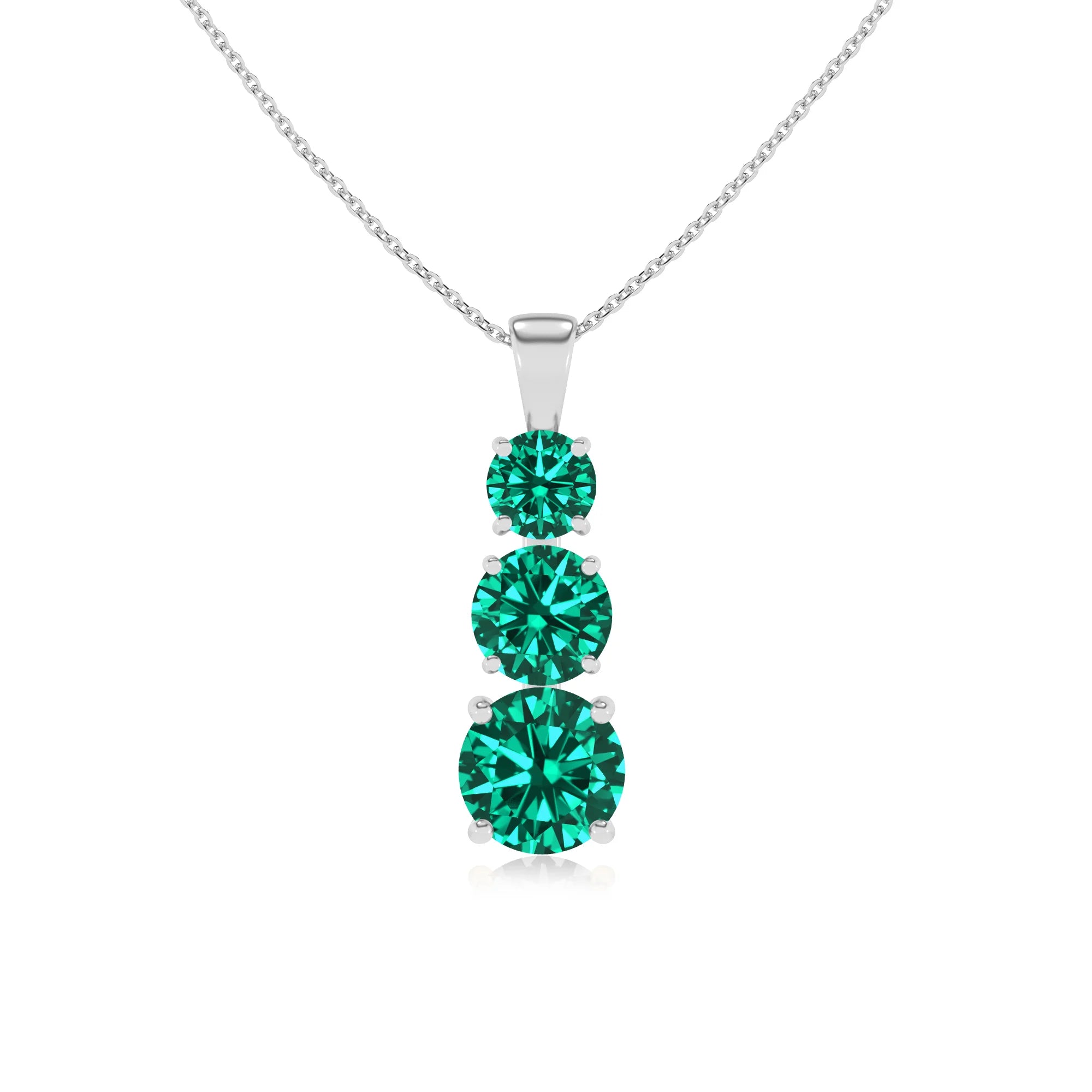 lab grown emerald round bar v-bale necklaces in white gold 