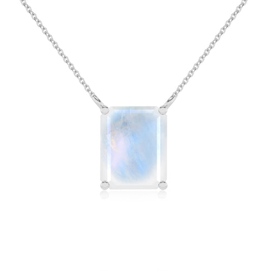 natural rainbow-moonstone emerald cut solitaire necklaces in sterling silver 