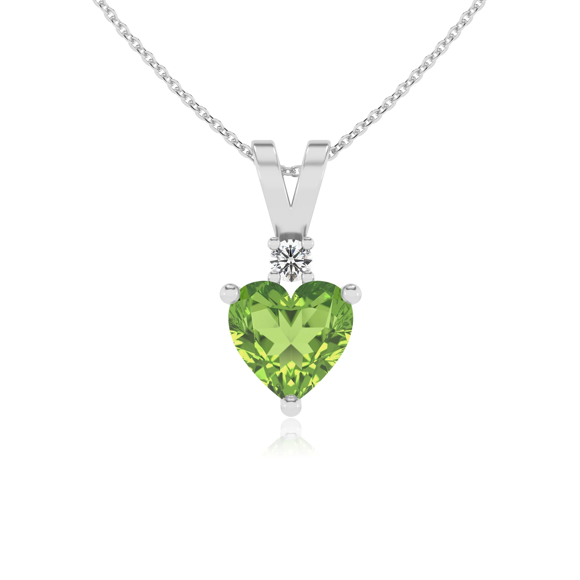 natural peridot heart solitaire v-bale necklaces in platinum 