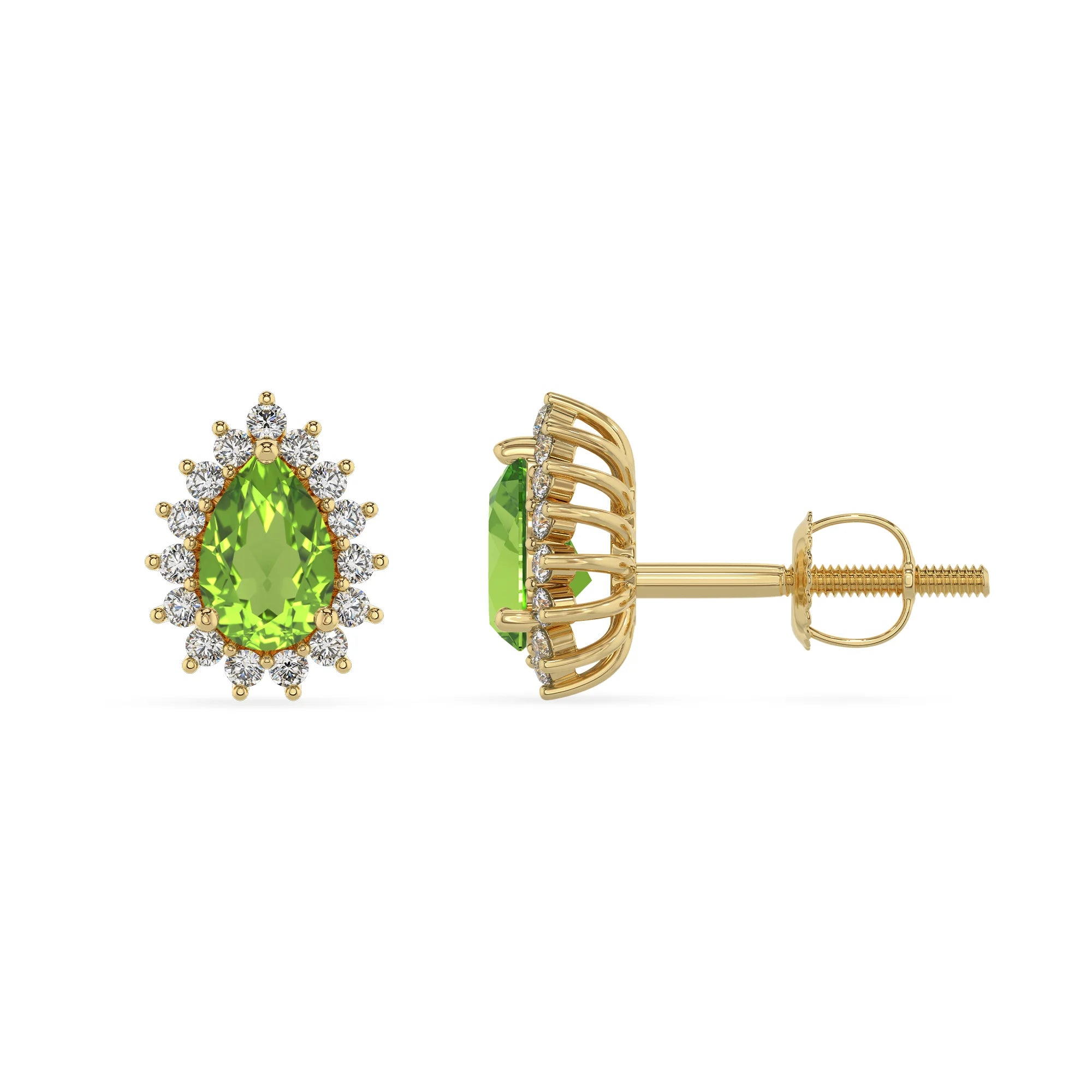 natural peridot pear stud earrings in yellow gold 