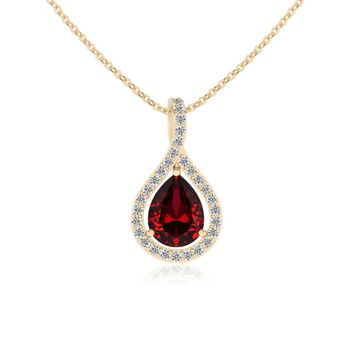 lab grown ruby pear solitaire necklaces in yellow gold 