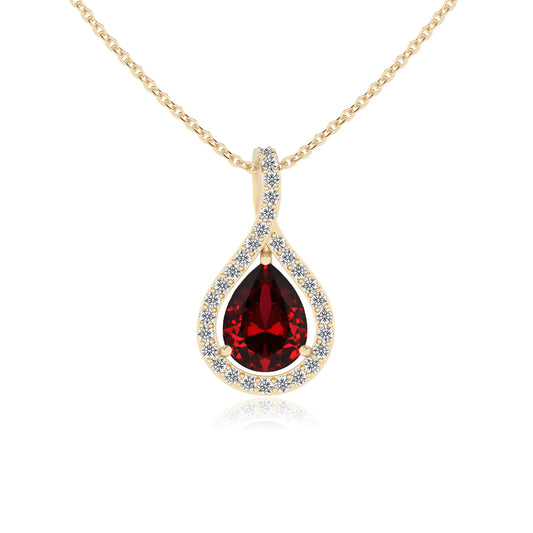 lab grown ruby pear solitaire necklaces in yellow gold 