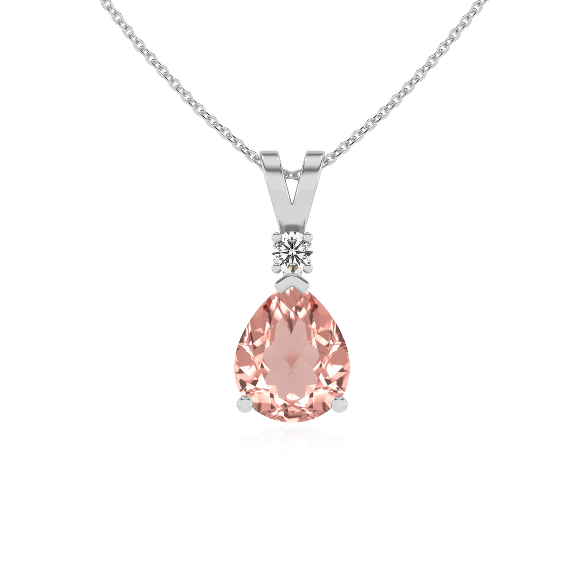 lab grown morganite pear solitaire v-bale necklaces in platinum 
