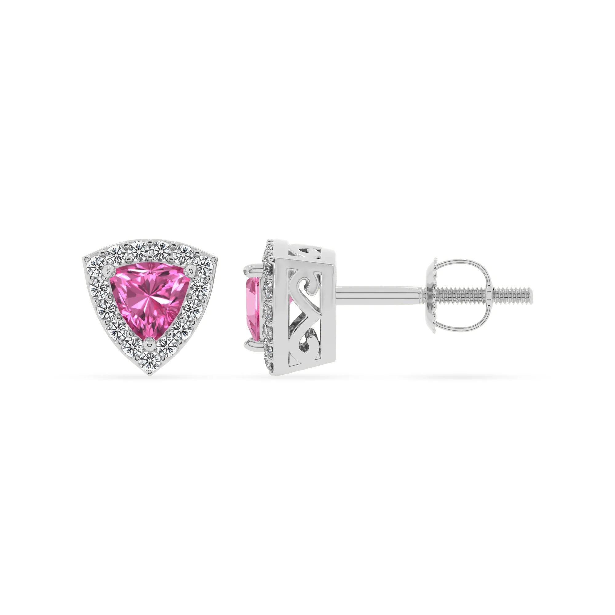 lab grown pink sapphire trillion stud earrings in white gold 