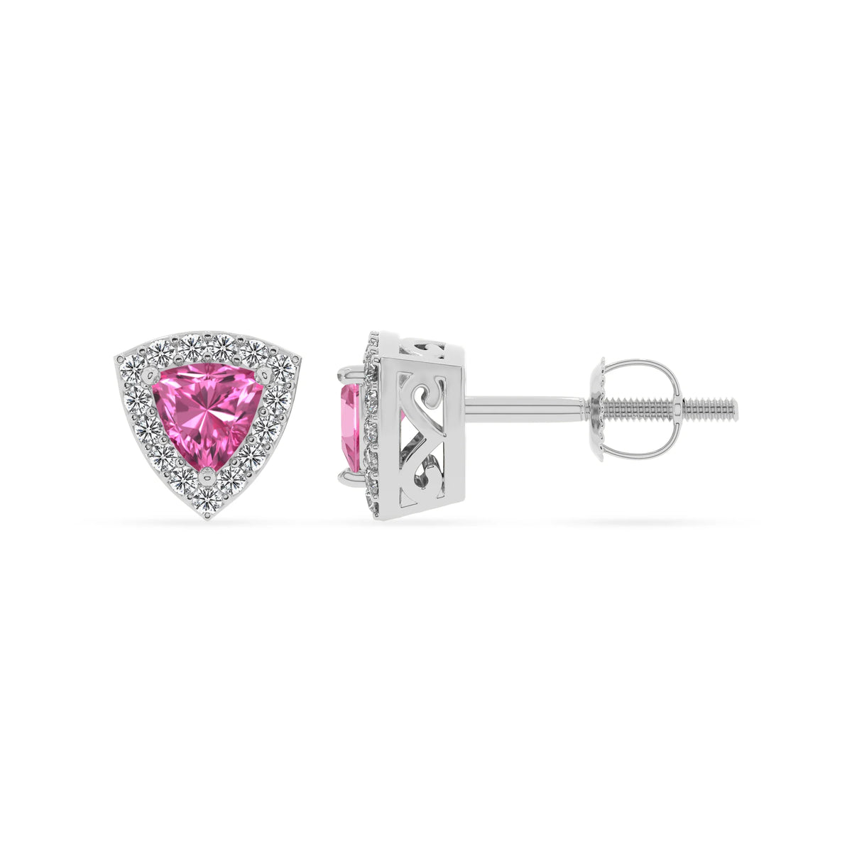 lab grown pink sapphire trillion stud earrings in white gold 
