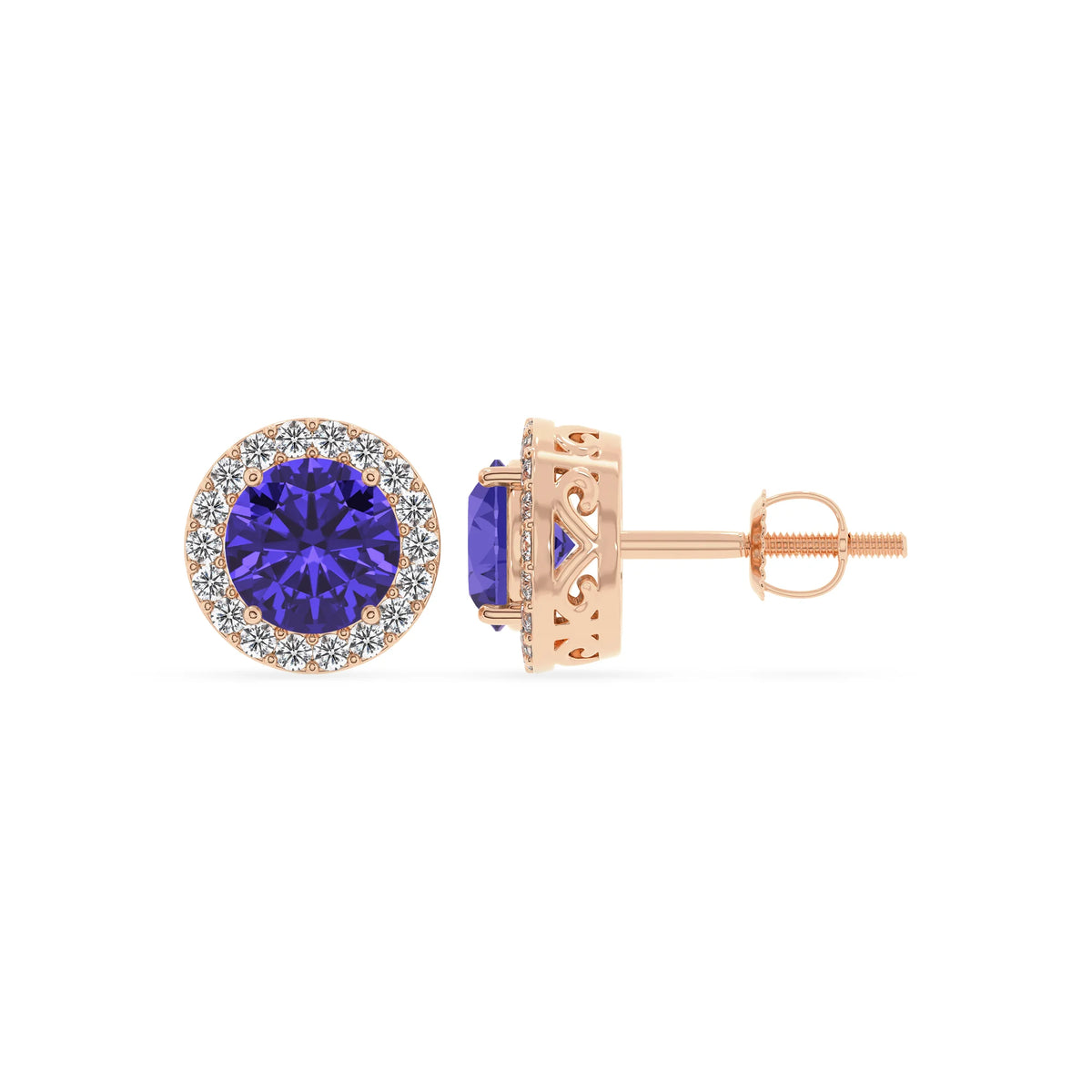 lab grown tanzanite round stud earrings in rose gold 
