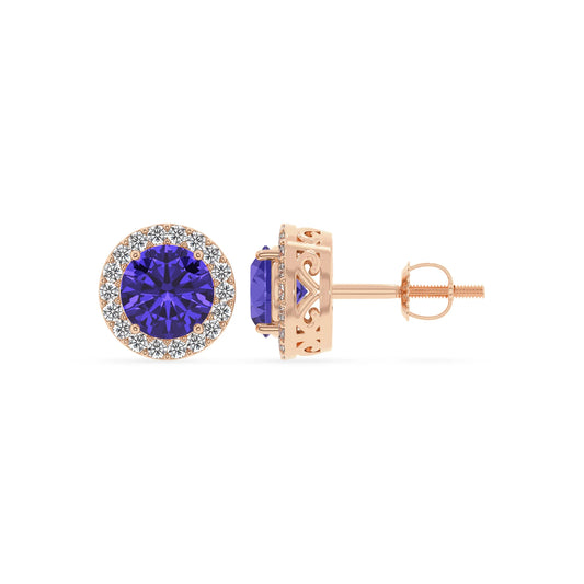 lab grown tanzanite round stud earrings in rose gold 