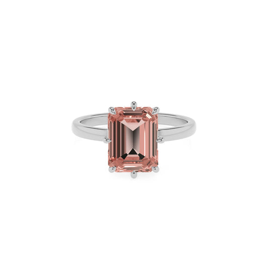lab grown morganite emerald cut solitaire rings in platinum 