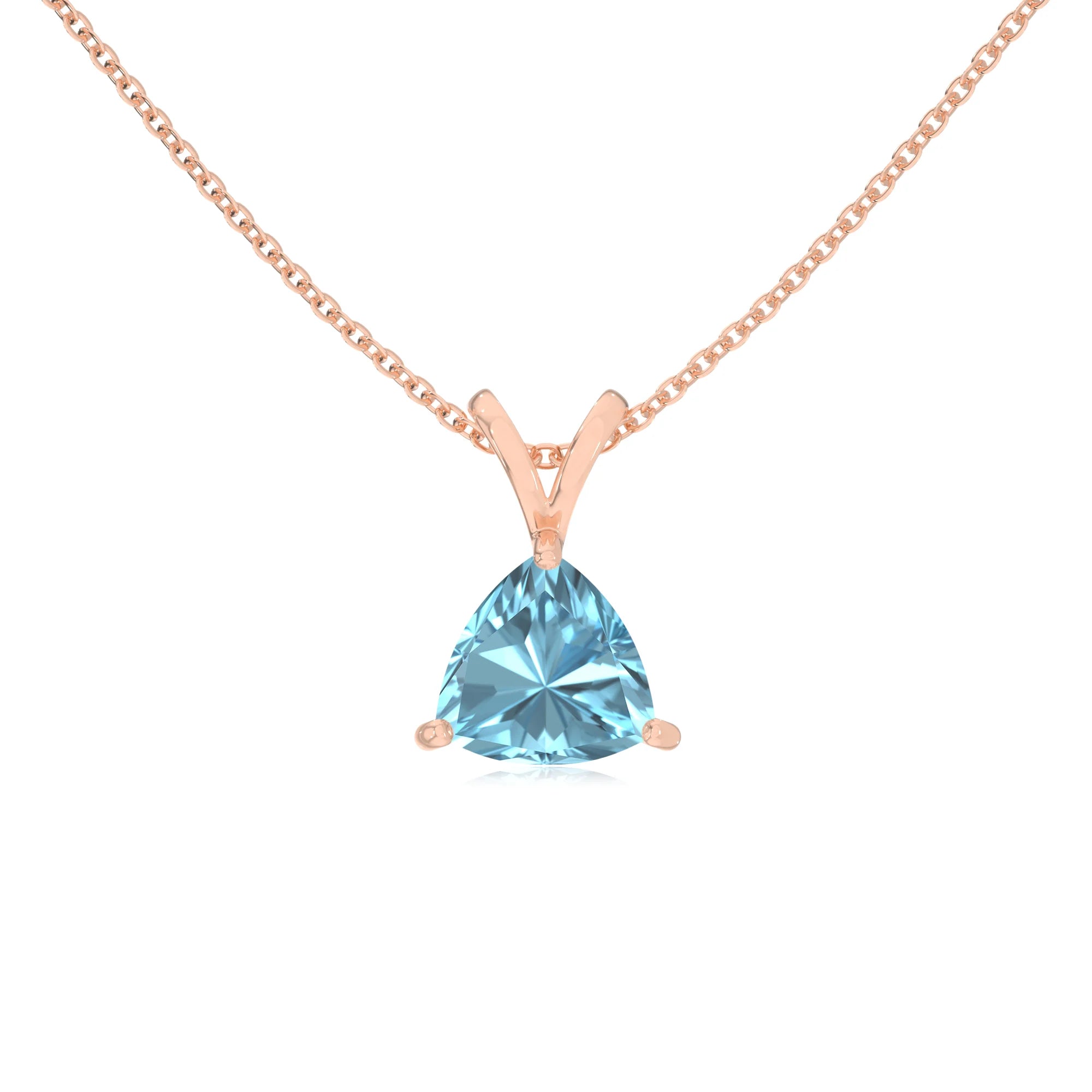 lab grown aquamarine trillion solitaire v-bale necklaces in rose gold 