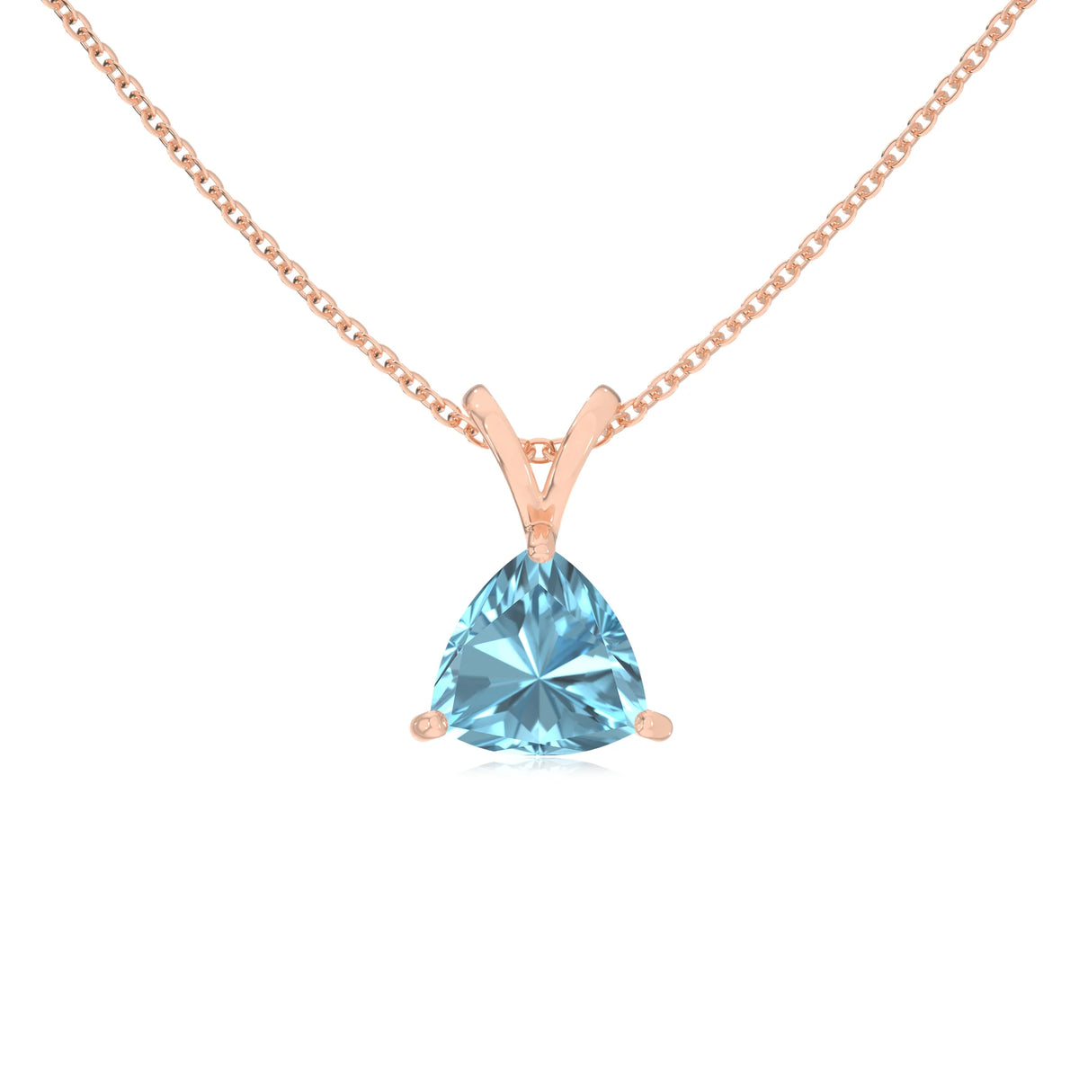 lab grown aquamarine trillion solitaire v-bale necklaces in rose gold 
