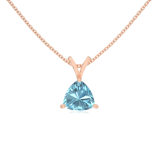 lab grown aquamarine trillion solitaire v-bale necklaces in rose gold 