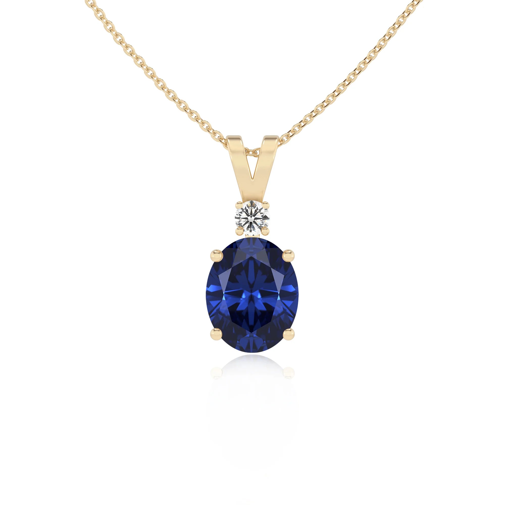 lab grown blue-sapphire oval solitaire v-bale necklaces in yellow gold 